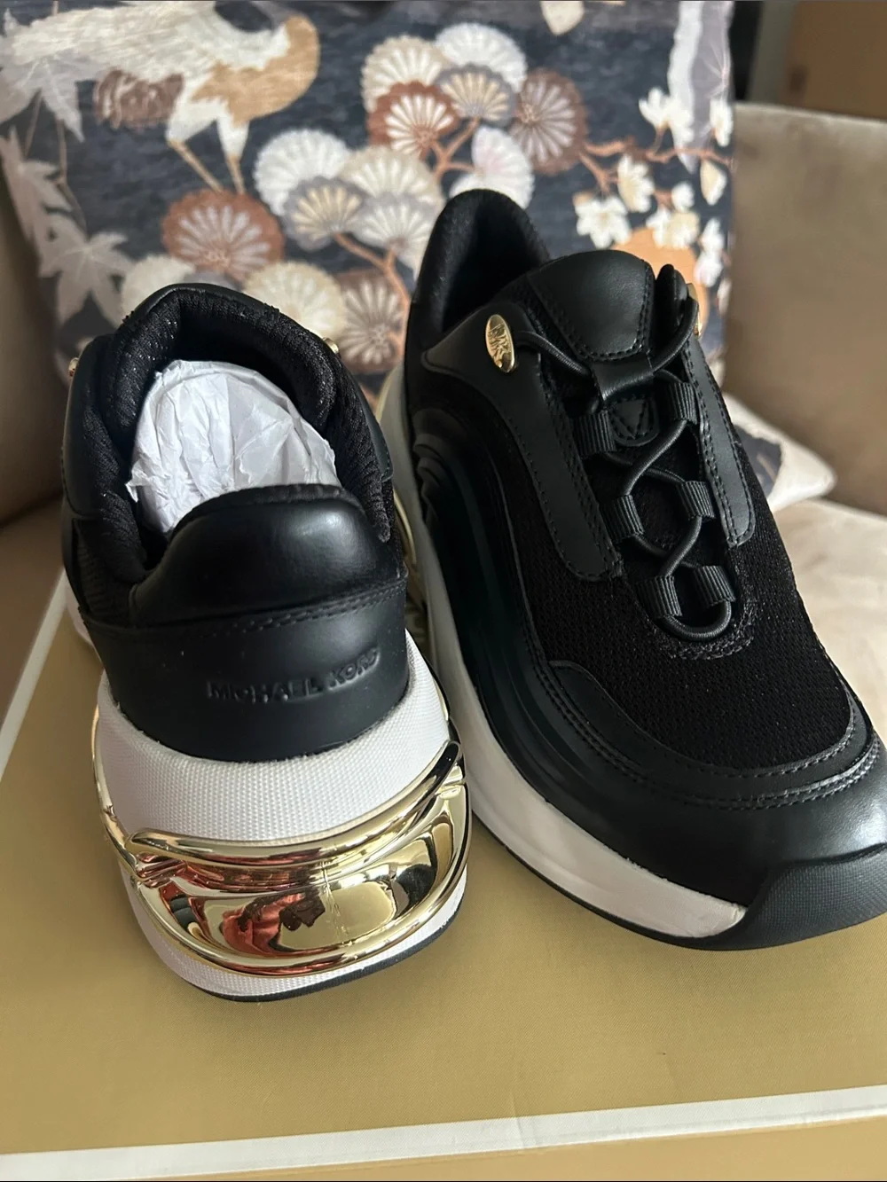 Michael Kors Women’s Black & White Sneakers with Gold Heel Detail